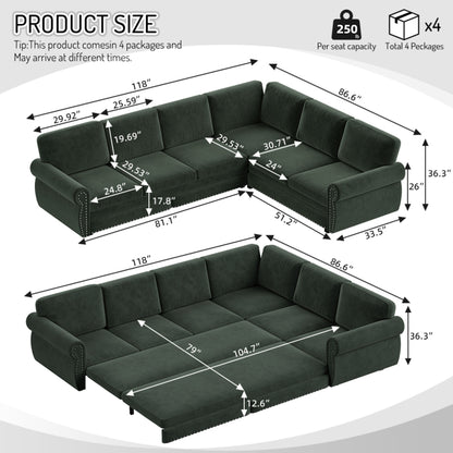 L-Shaped Sofa Couch With Pull Out Bed With Nailhead Trim & Rolled Arm, Sectional Couches, For Living Room - Green