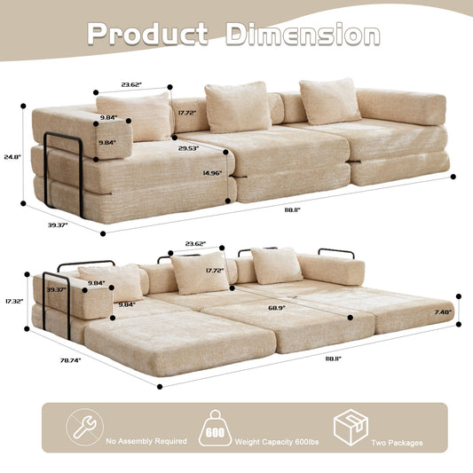 Convertible Floor Sofa Bed With Fixed Shape Frame, Boneless Modular Sectional Sofa, For Living Room - Beige
