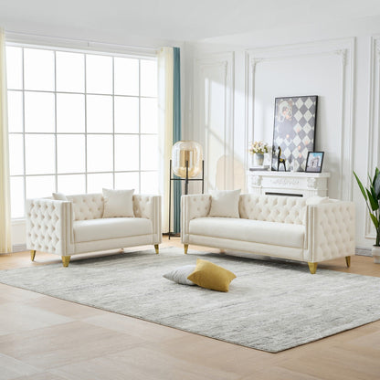 3 And 2 Seater Deep Seat Sofa With Button Nailhead, Square Arm Couches, Furniture For Living Room - Beige