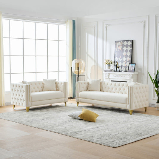 3 And 2 Seater Deep Seat Sofa With Button Nailhead, Square Arm Couches, Furniture For Living Room - Beige