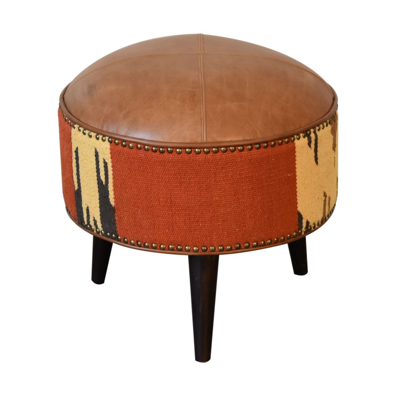 Durrie & Leather Mixed Footstool - Brown