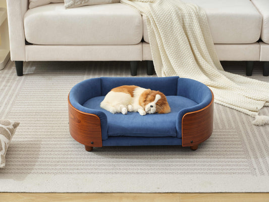 Scandinavian style Elevated Dog Bed Pet Sofa With Solid Wood legs and Walnut Bent Wood Back,Velvet Dark Blue,Small Size