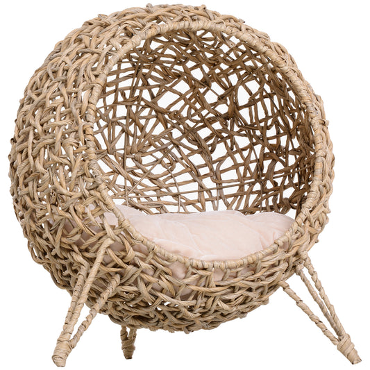 PawHut 20.5' Weaved Cat Bed, Elevated Hand-woven Braided Banana Leaf Kitten House Condo with Cushion, Beige