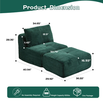 Compressed Sofa, Single Chaise Longue, Movable Ottoman For Living Room - Green