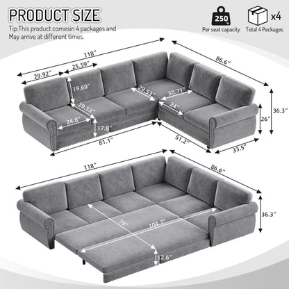 L-Shaped Sofa Couch With Pull Out Bed With Nailhead Trim & Rolled Arm, Sectional Couches, For Living Room - Light Gray
