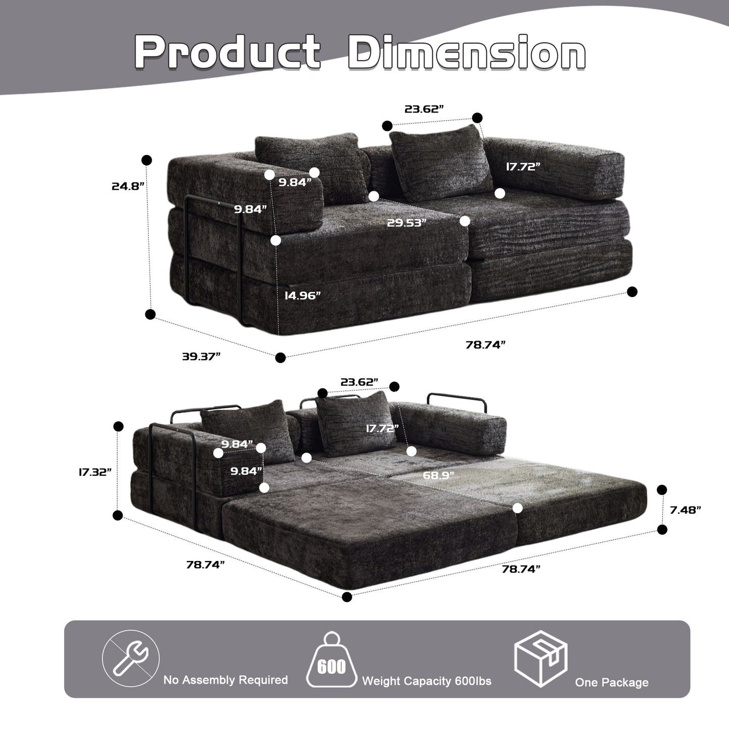 Convertible Floor Sofa Bed With Fixed Shape Frame, Loveseats Boneless Modular Sectional, For Living Room - Black
