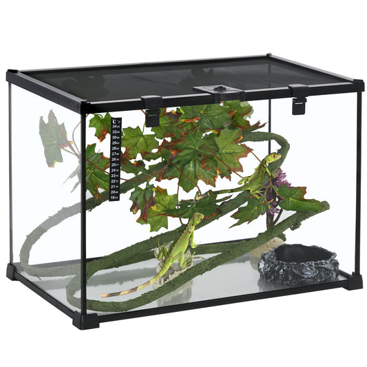 PawHut Reptile Glass Terrarium Tank with Decor Kit for Lizards, Frogs, Snakes, Spiders, Black Glass, 20' x 12' x 14'