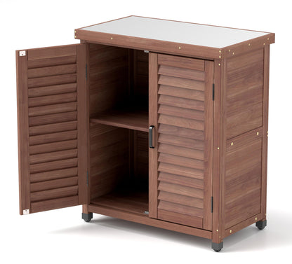 Potting Bench With Storage Cabinet And Metal Table Top For Outdoor