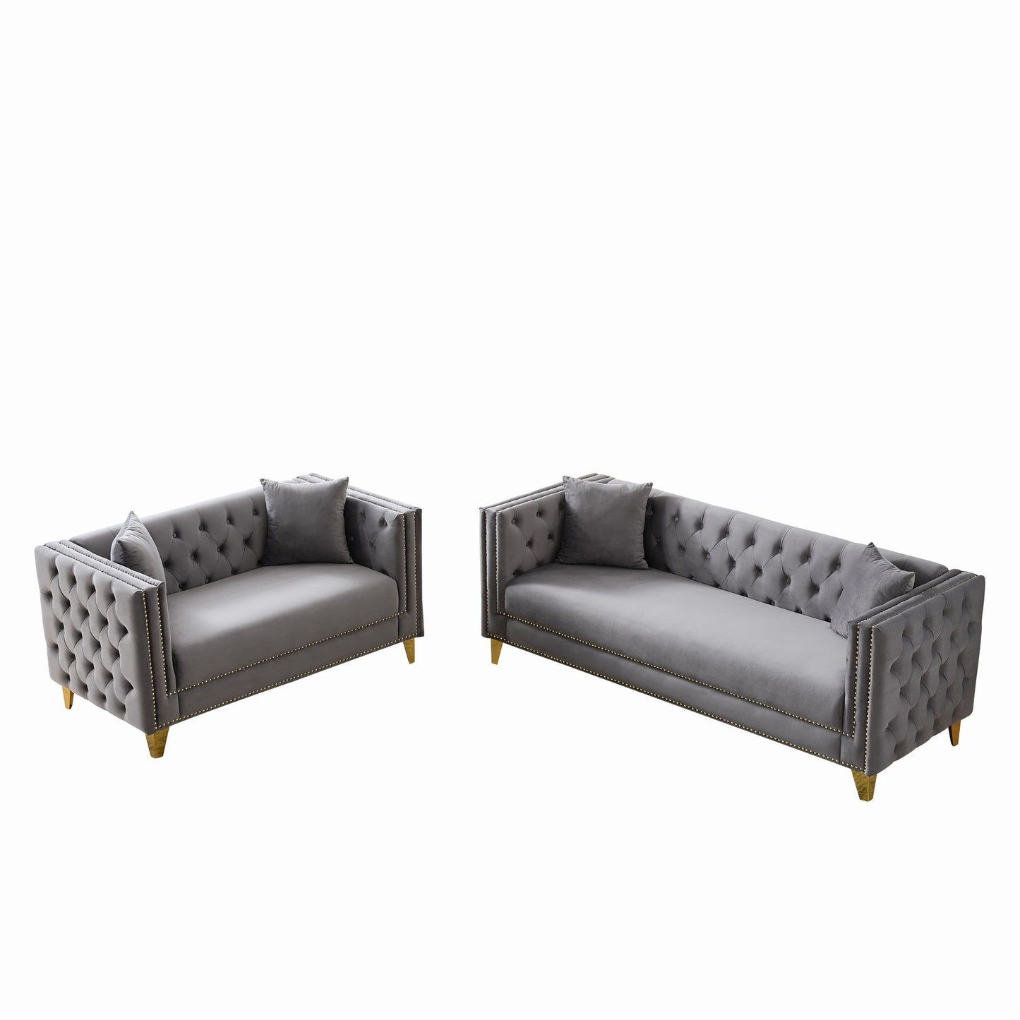 3 And 2 Seater Deep Seat Sofa With Button Nailhead, Square Arm Couches, Furniture For Living Room - Gray