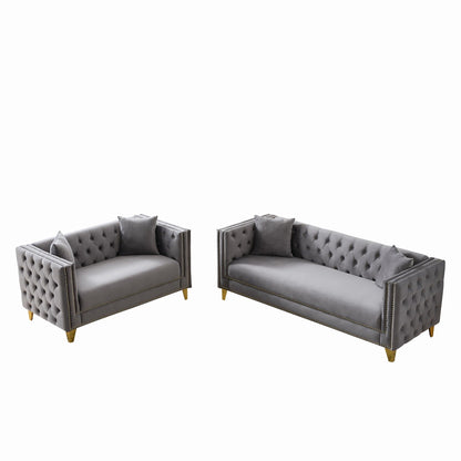 3 And 2 Seater Deep Seat Sofa With Button Nailhead, Square Arm Couches, Furniture For Living Room - Gray