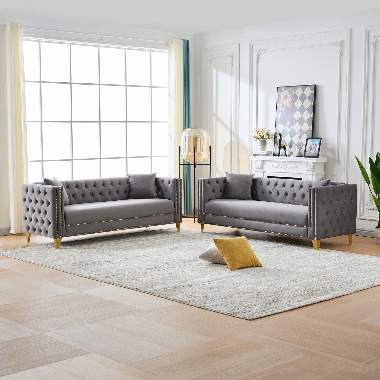 3 And 3 Seater Deep Seat Sofa With Button Nailhead And Square Arm Design - Gray