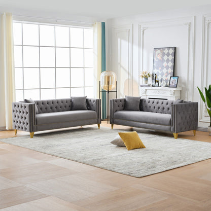 3 And 3 Seater Deep Seat Sofa With Button Nailhead And Square Arm Design - Gray
