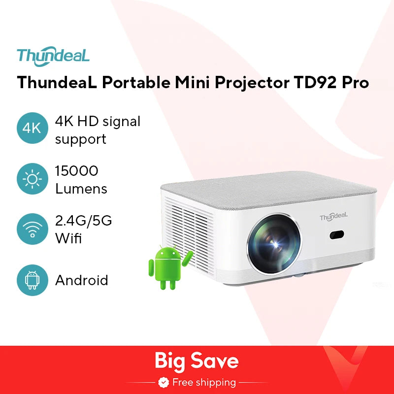 ThundeaL Portable Mini Projector TD92 Pro FHD 1080P Full HD Beam 4K Video WiFi Android Projector TD92Pro 3D Movie Home Theater