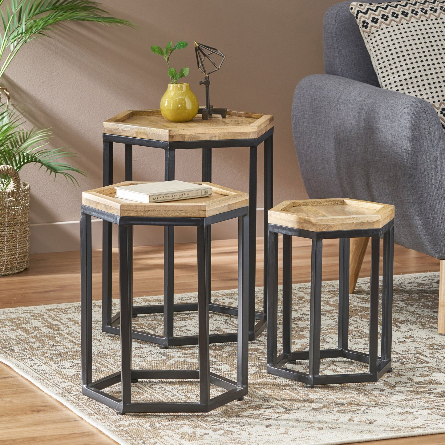 Modern Industrial End Table (Set of 3) - Black / Natural