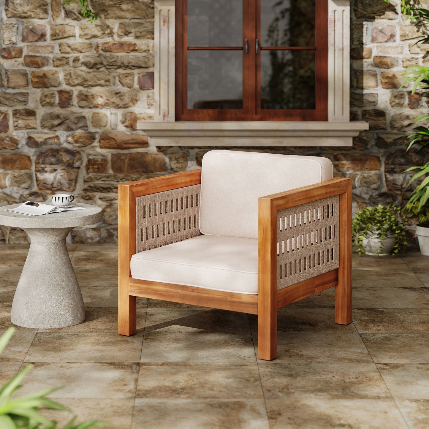 Outdoor Club Chair & Rope Arm And Cushions - Beige / Teak