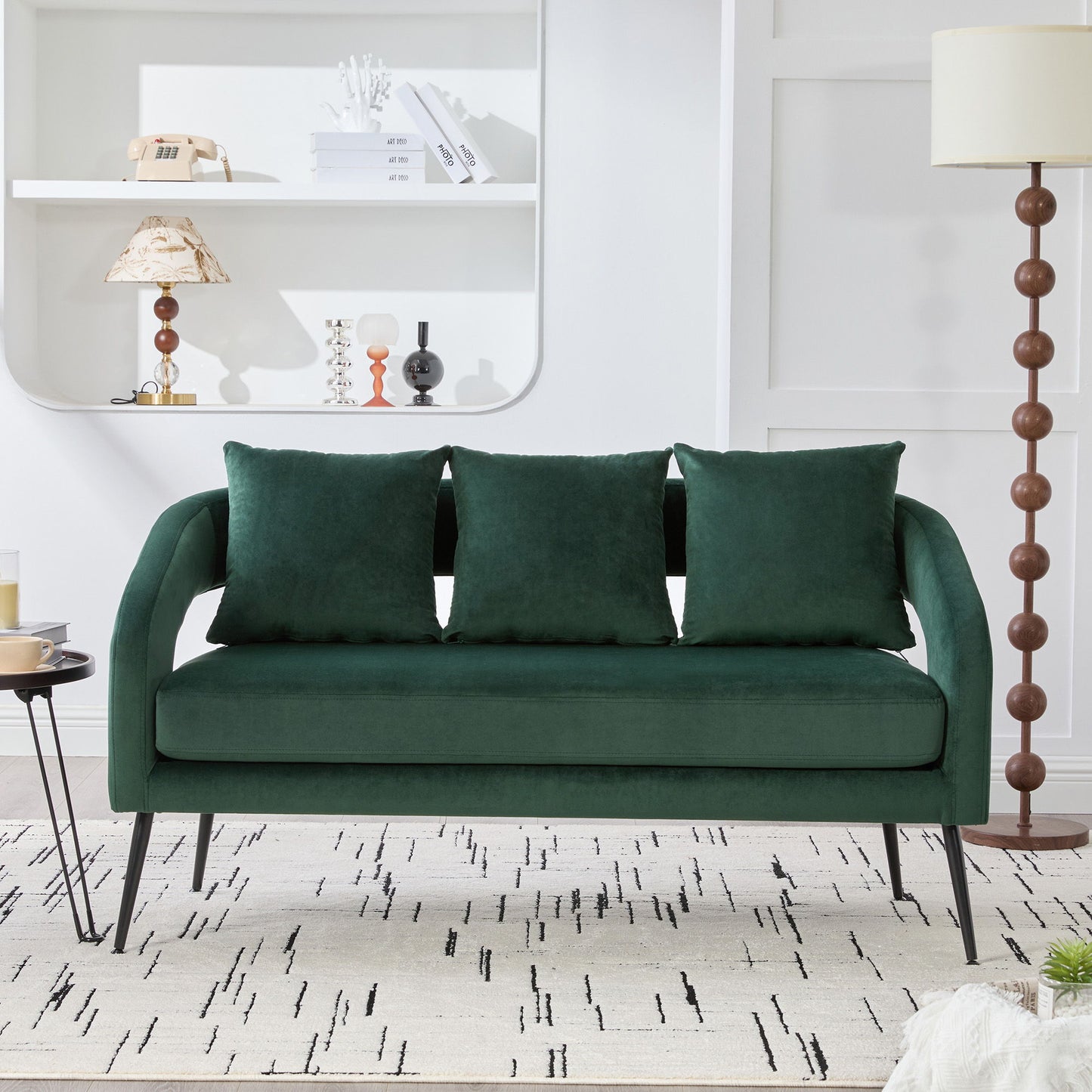 Open Back Loveseat Settee With 3 Pillows - Green
