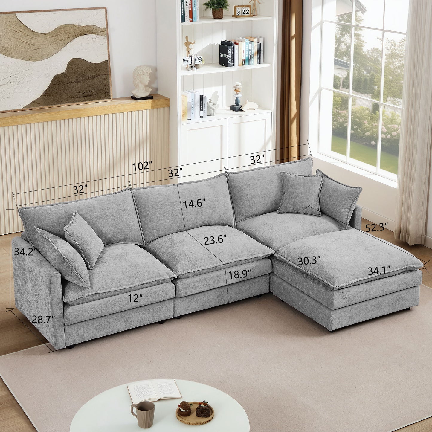 Modular Sectional Sofa L-Shaped Couch Set With Movable Ottoman - Gray