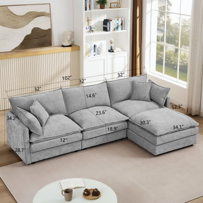 Modular Sectional Sofa L-Shaped Couch Set With Movable Ottoman - Gray