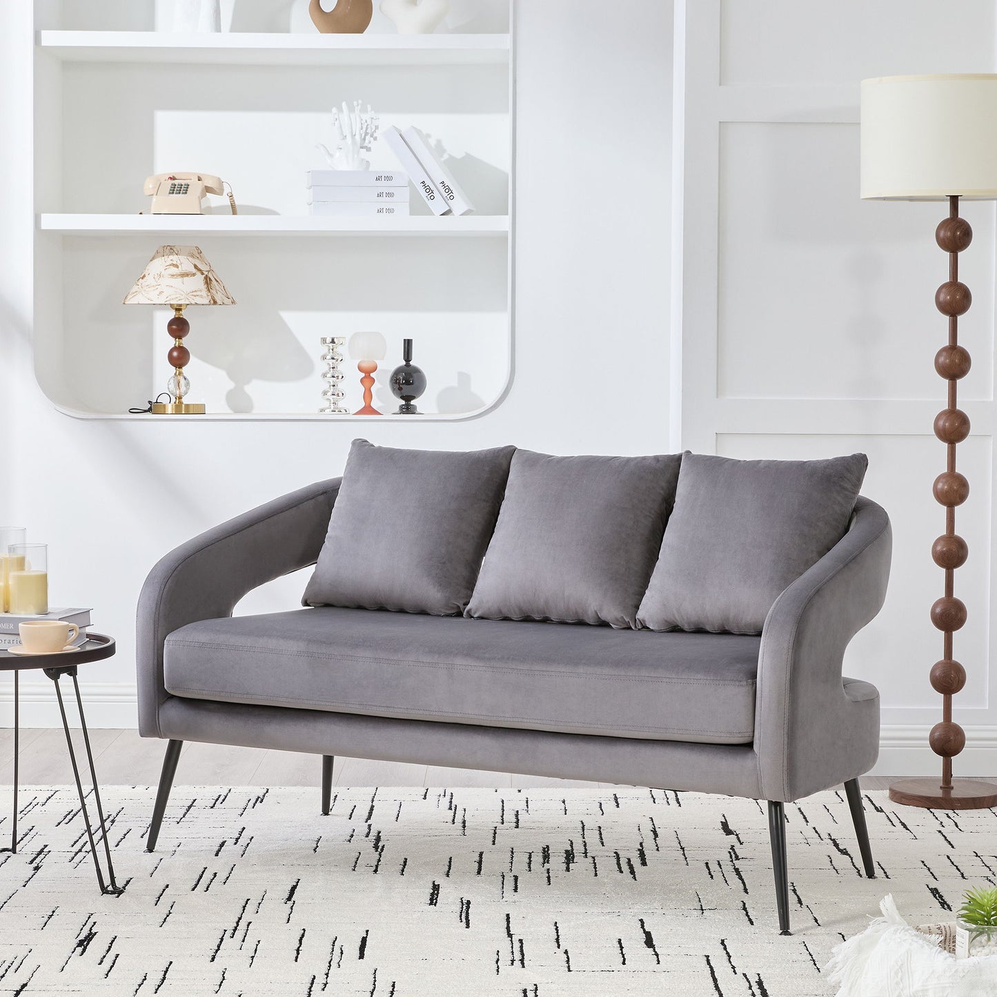 Open Back Loveseat Settee With 3 Pillows - Charcoal