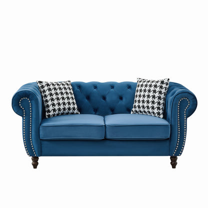 Chesterfield Velvet Fabric Sofa With Roll Armrest And Nailhead, Mid Century 2 Seater Couch In Blue
