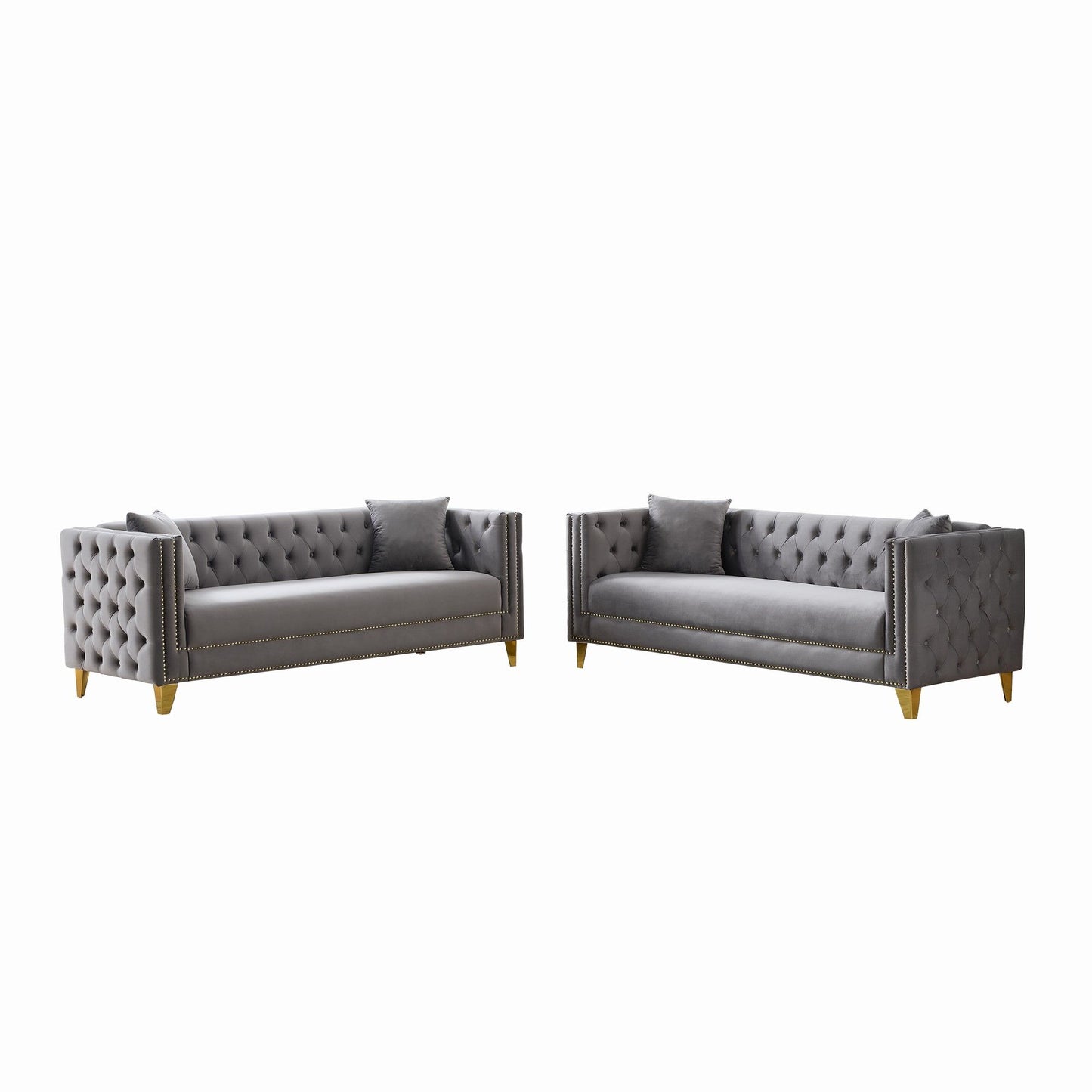 3 And 3 Seater Deep Seat Sofa With Button Nailhead And Square Arm Design - Gray