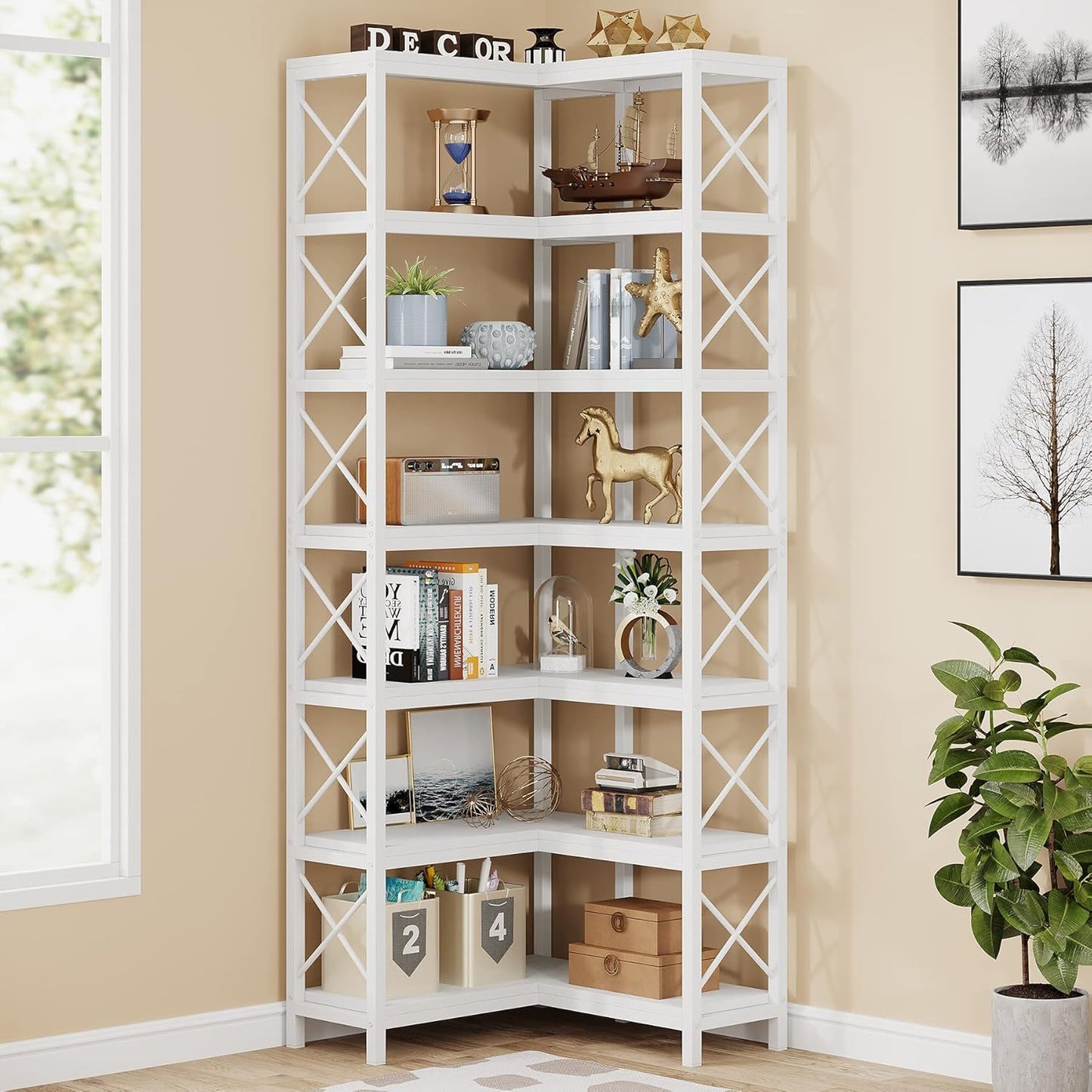 7 Tier Corner Bookshelf, Storage Unit For Living Room