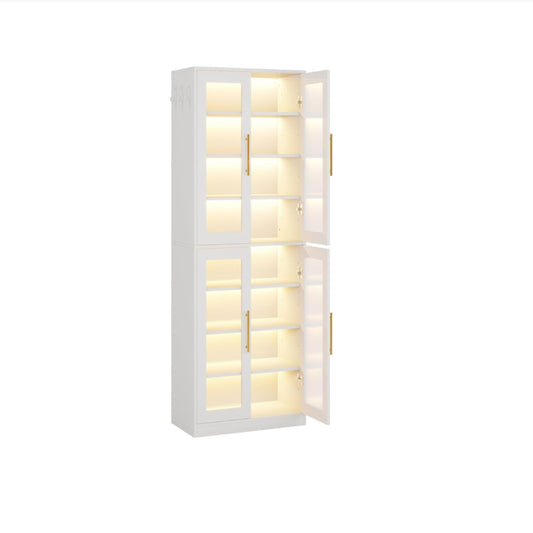 Bookcase With Doors And LED Lighting, 8 Adjustable Shelves Storage Cabinet