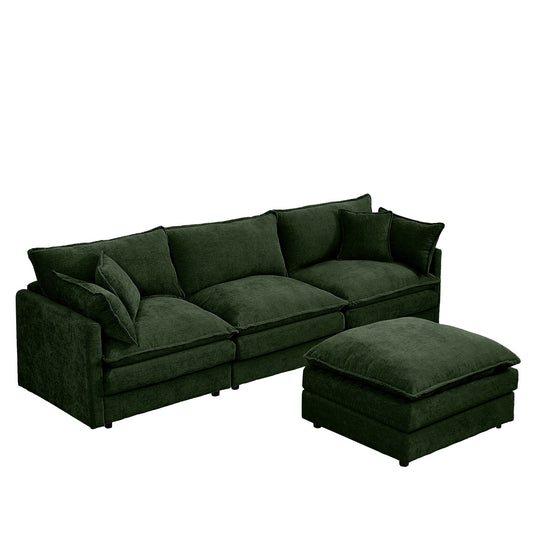 Modular Sectional Sofa 3 Seater L-Shaped Couch Set With Movable Ottoman - Green
