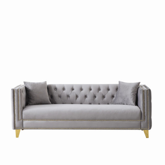 3 Seater Deep Seat Sofa, Sofa With Button Nailhead, Square Arm Couches, Furniture For Living Room - Gray