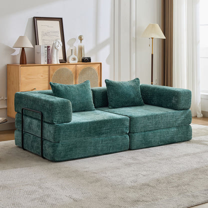 Convertible Floor Sofa Bed With Fixed Shape Frame, Loveseats Boneless Modular Sectional, For Living Room - Dark Green