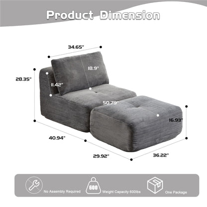 Compressed Sofa, Single Chaise Longue, Movable Ottoman For Living Room - Gray