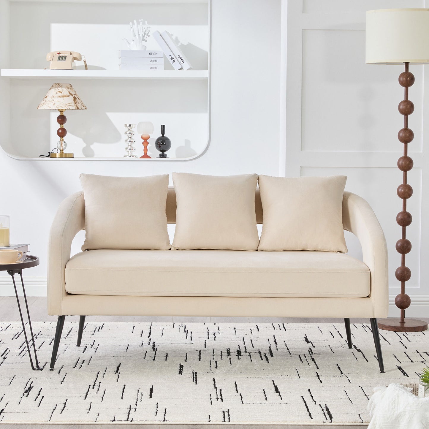 Open Back Loveseat Settee With 3 Pillows - Beige