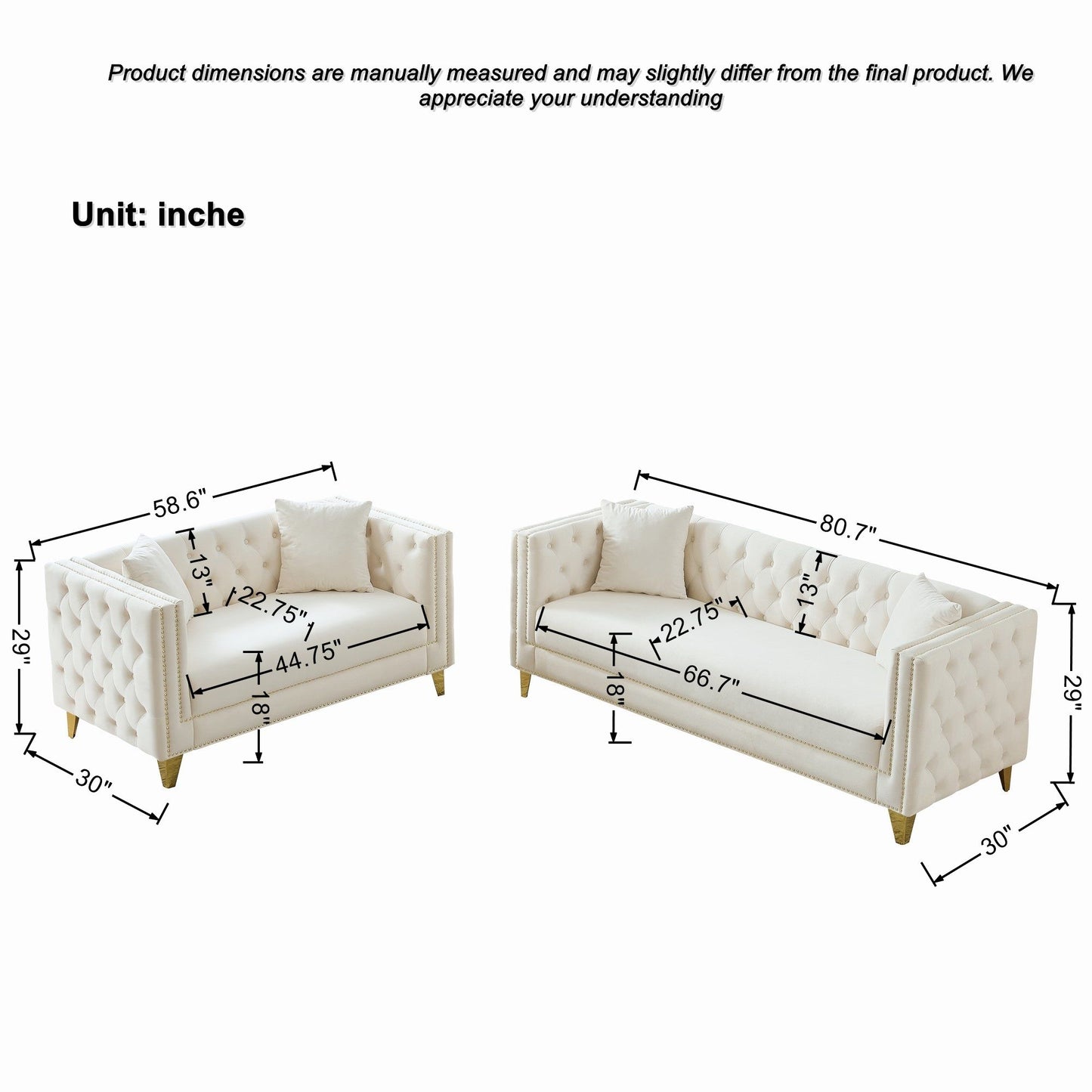 3 And 2 Seater Deep Seat Sofa With Button Nailhead, Square Arm Couches, Furniture For Living Room - Beige