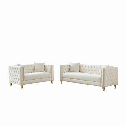 3 And 2 Seater Deep Seat Sofa With Button Nailhead, Square Arm Couches, Furniture For Living Room - Beige