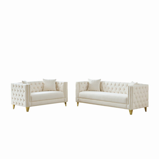 3 And 2 Seater Deep Seat Sofa With Button Nailhead, Square Arm Couches, Furniture For Living Room - Beige