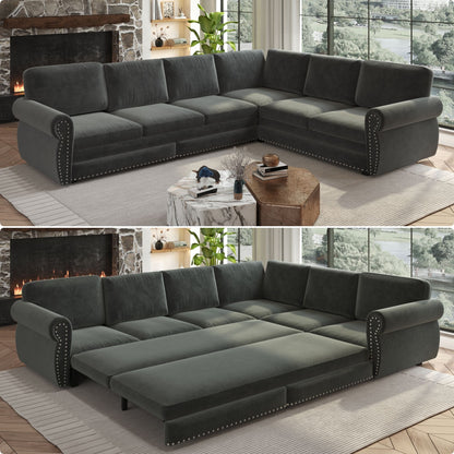 L-Shaped Sofa Couch With Pull Out Bed With Nailhead Trim & Rolled Arm, Sectional Couches, For Living Room - Dark Gray