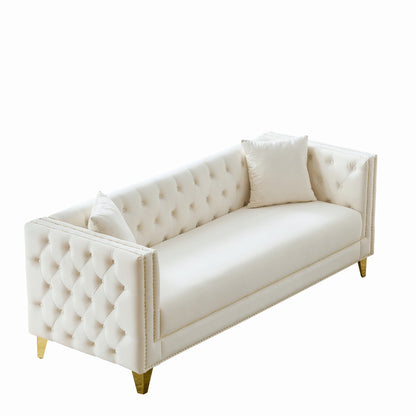 3 Seater Deep Seat Sofa, Sofa With Button Nailhead, Square Arm Couches, Furniture For Living Room - Beige