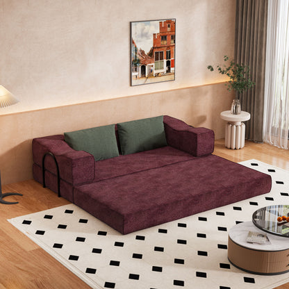 Convertible Couch Bed With 2 Pillows, 3 Seat Folding Floor Couch & King Size Bed Mattress, Diy Combination - Burgundy