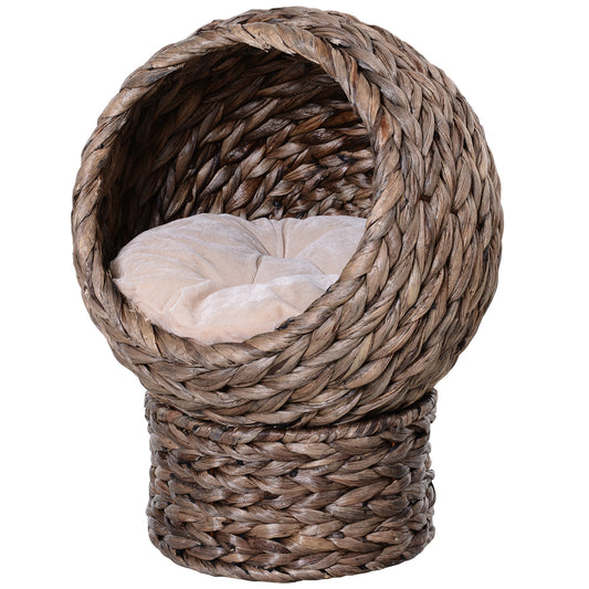 PawHut Handwoven Elevated Cat Bed with Soft Cushion & Cat Egg Chair Shape, Cat Basket Bed Kitty House with Stand, Raised Wicker Cat Bed for Indoor Cats, 23.5' H, Gray
