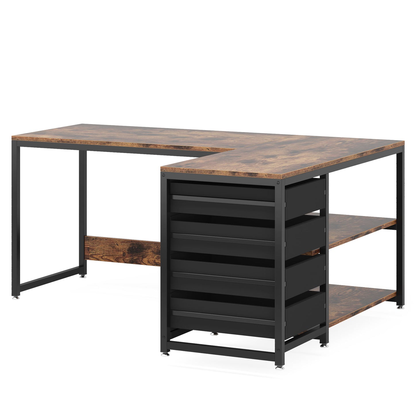 L-Shaped Computer Desk With Drawers And Shelves, Workstation For Home Office
