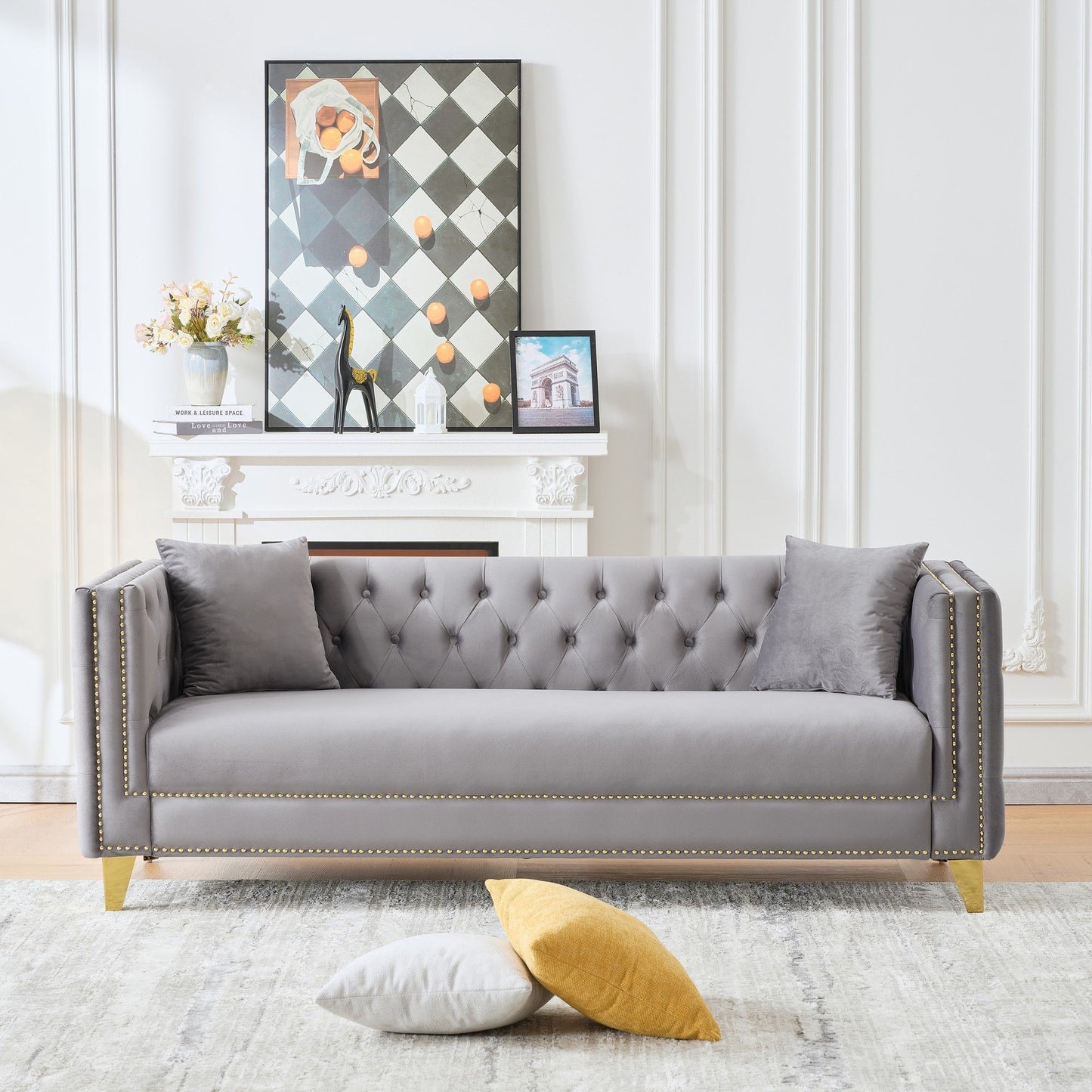 3 Seater Deep Seat Sofa, Sofa With Button Nailhead, Square Arm Couches, Furniture For Living Room - Gray