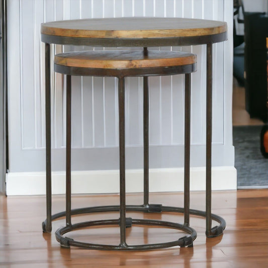 Round Stool Table With Iron Base (Set of 2) - Brown / Black
