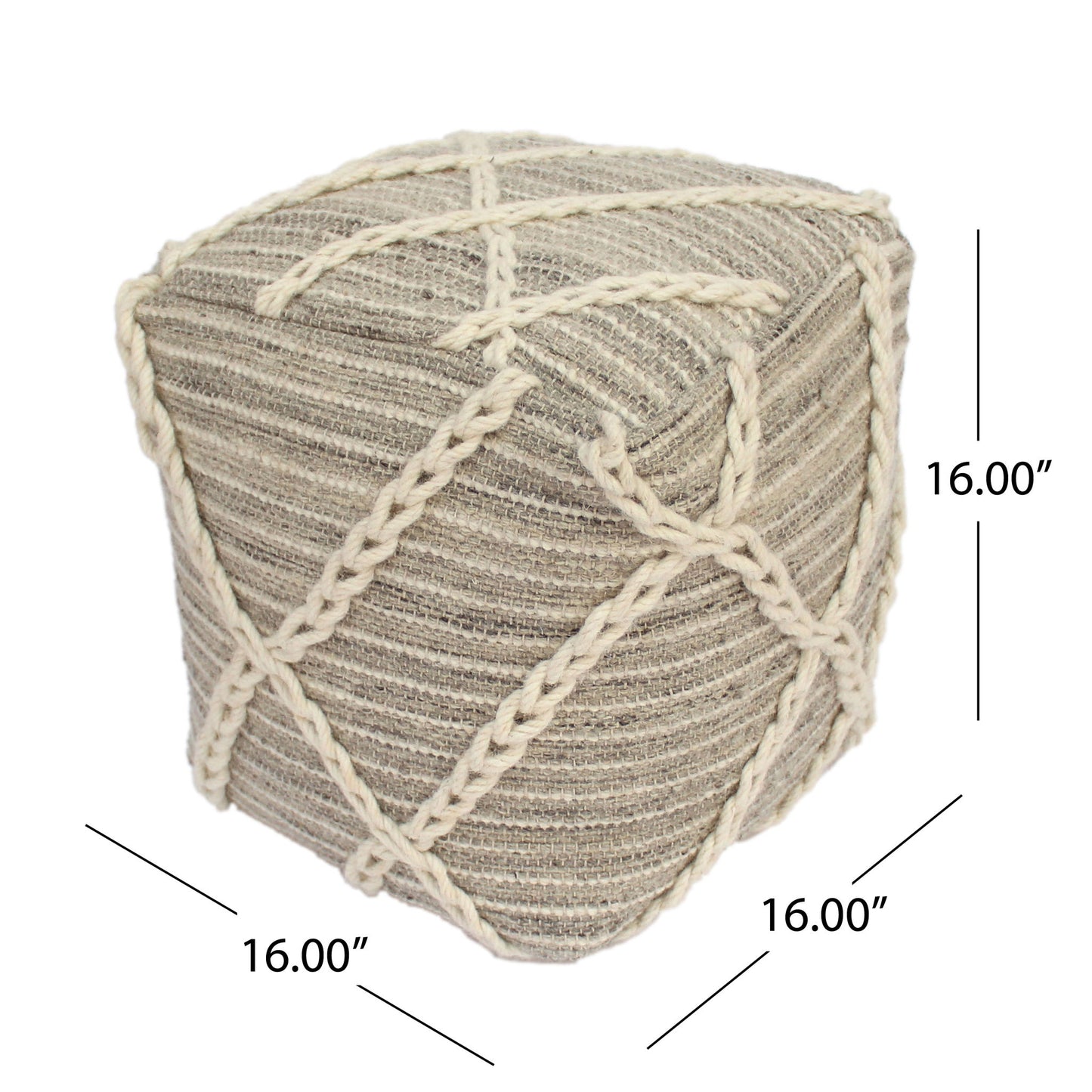 Modern Wool Rope Square Pouf Ottoman Floor Cushion - Gray / Ivory