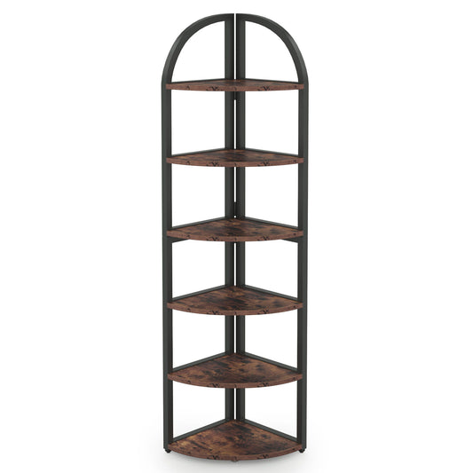 Tall 6 Tier Corner Shelf, Freestanding Bookshelf For Living Room - Rustic Brown