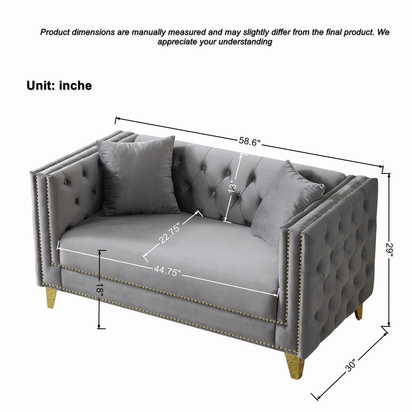 2 Seater Deep Seat Sofa, Sofa With Button Nailhead, Square Arm Couches, Furniture For Living Room - Gray