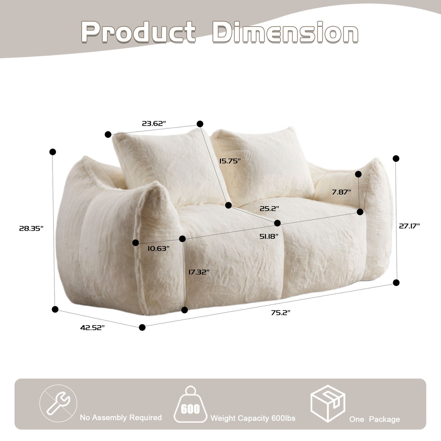 Giant Bean Bag Couch, Ultra Soft Fluffy Loveseat For Living Room Reading Chair With Pillows - White
