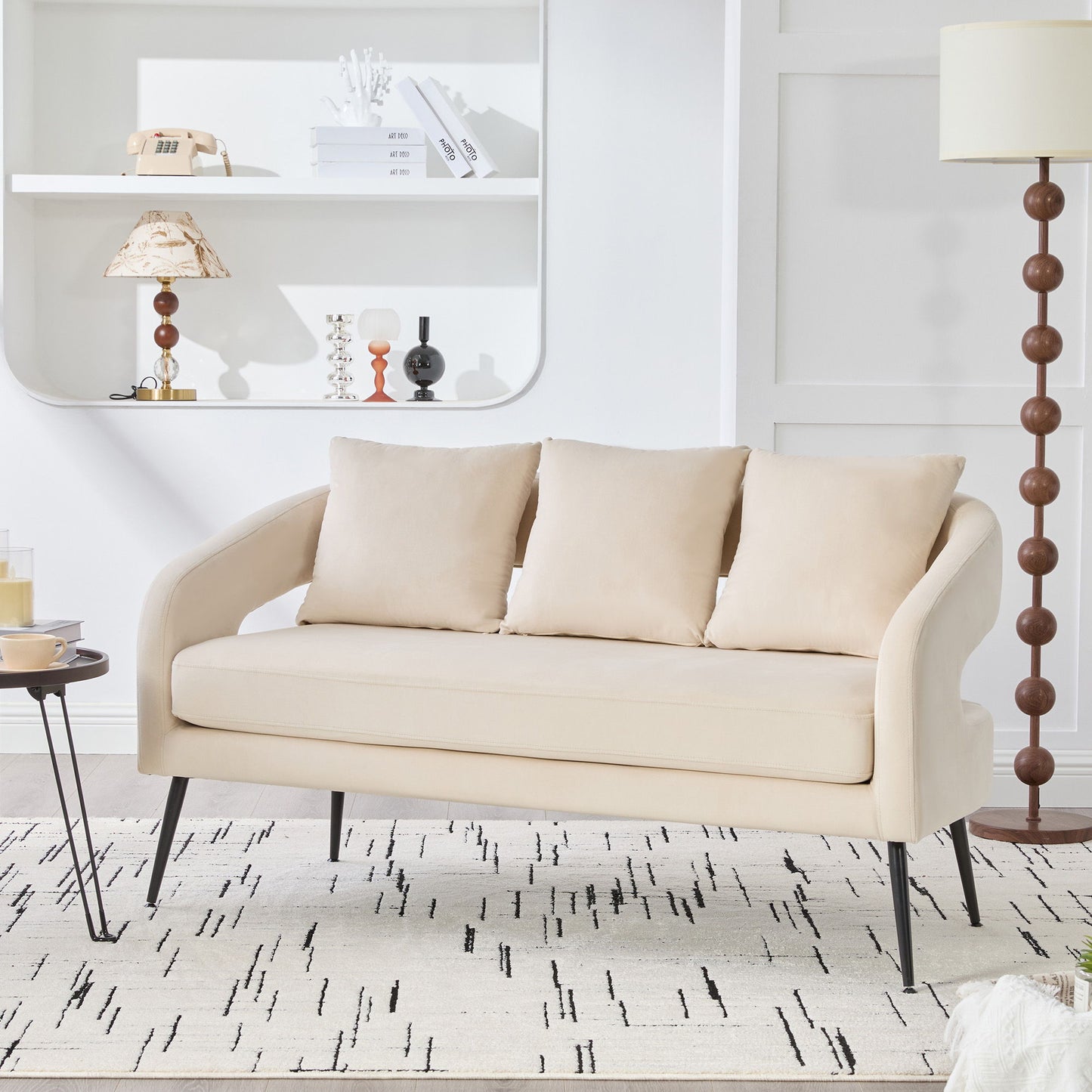 Open Back Loveseat Settee With 3 Pillows - Beige
