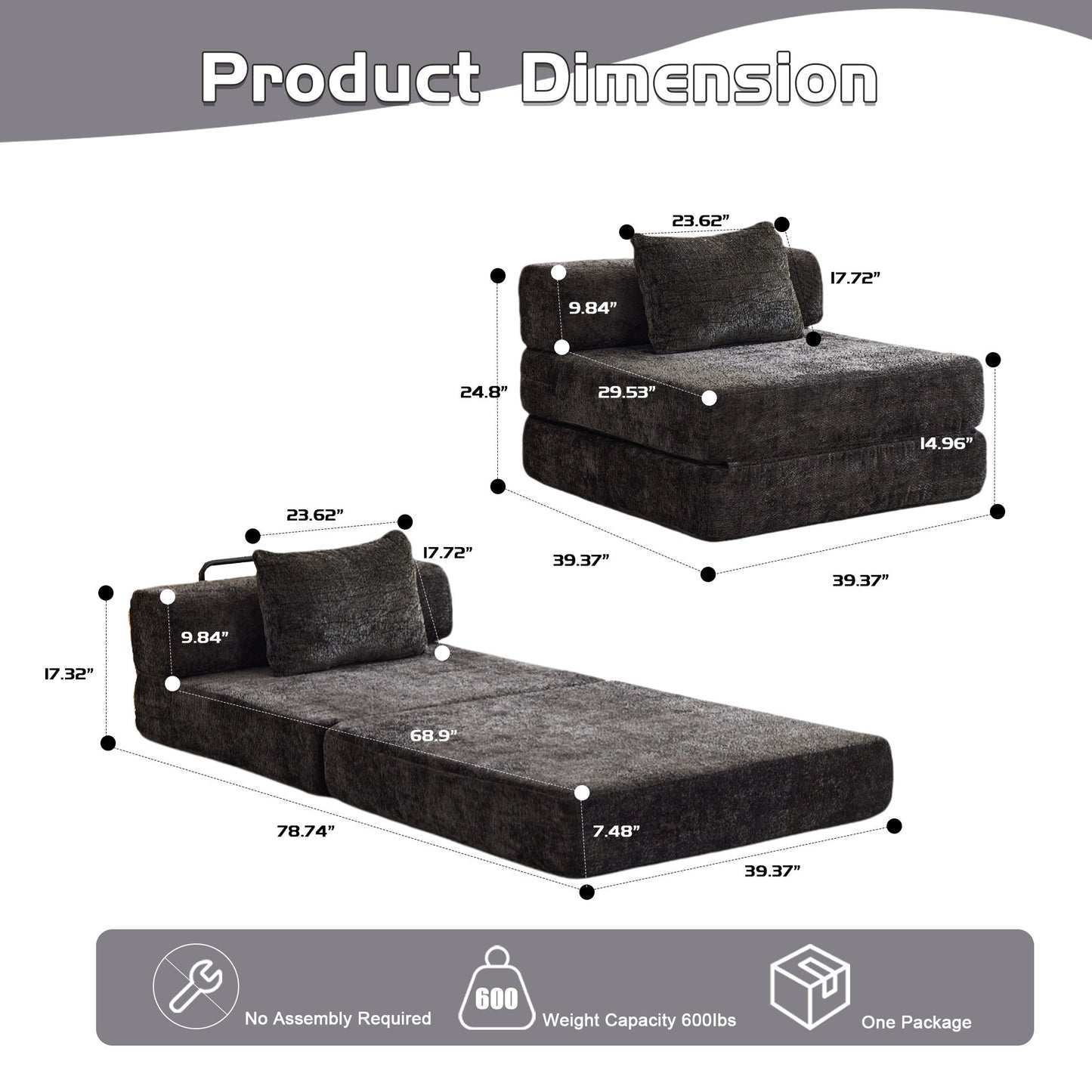 Convertible Floor Sofa Bed With Fixed Shape Frame For Living Room - Black