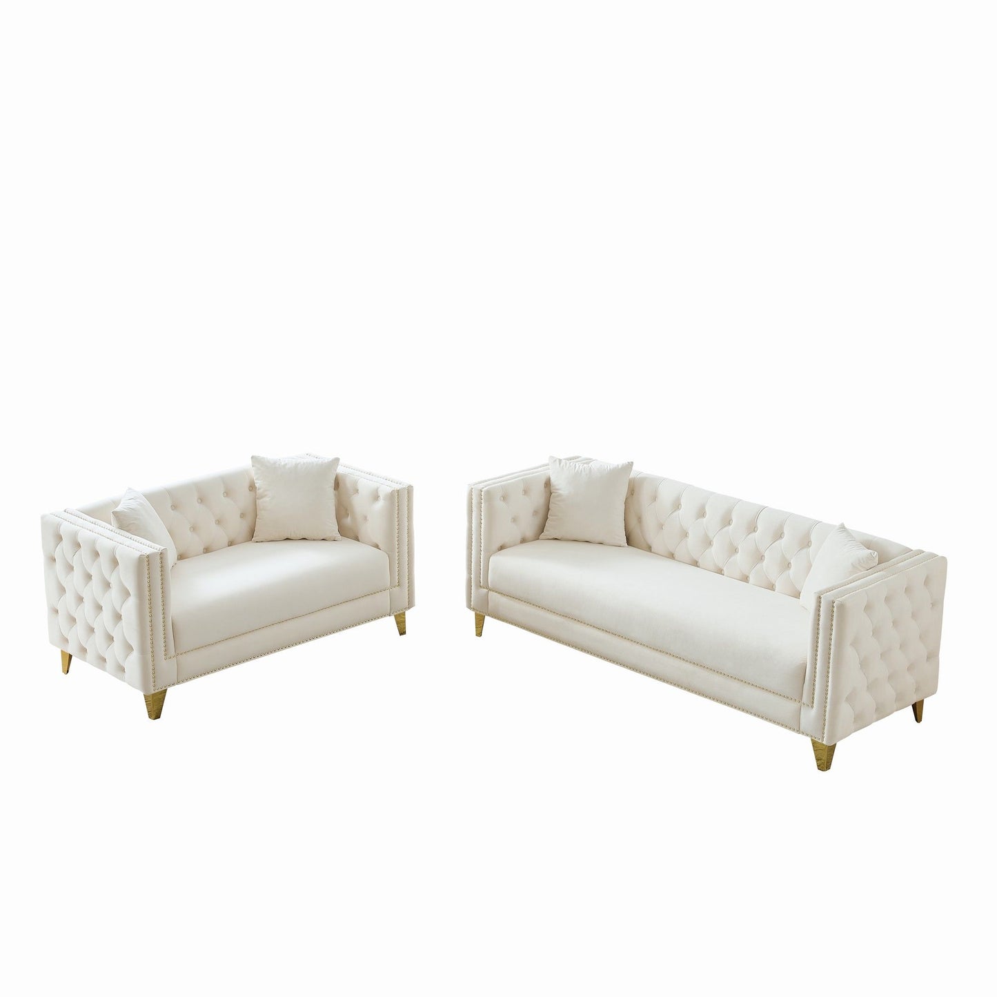 3 And 2 Seater Deep Seat Sofa With Button Nailhead, Square Arm Couches, Furniture For Living Room - Beige