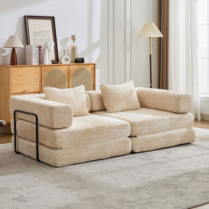 Convertible Floor Sofa Bed With Fixed Shape Frame, Loveseats Boneless Modular Sectional, For Living Room - Beige